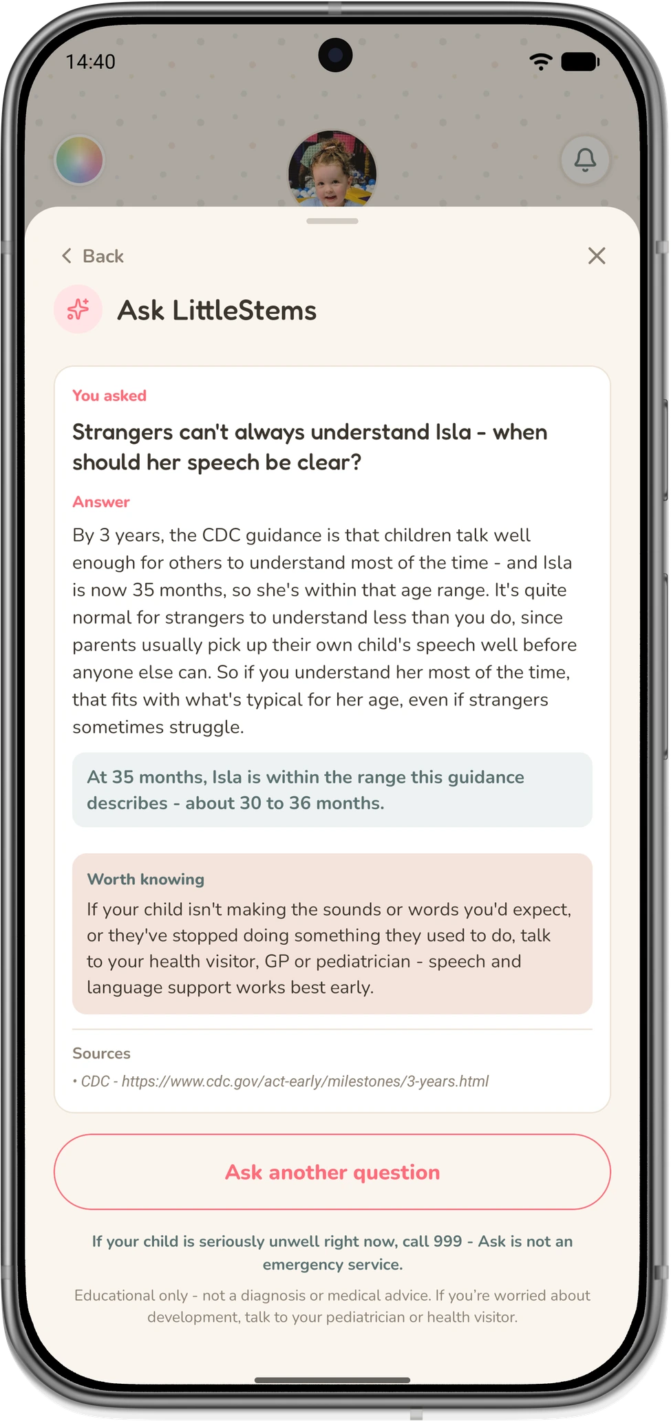 Ask LittleStems answer about speech clarity, with guidance for Isla's age and its source