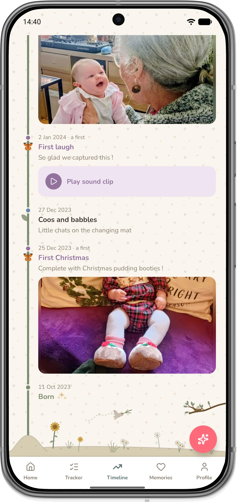 LittleStems growth timeline in the Garden theme, with photos, a sound clip and firsts