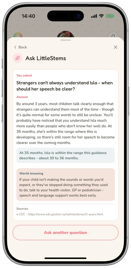 Ask LittleStems answer about speech clarity, with guidance for Isla's age and its source