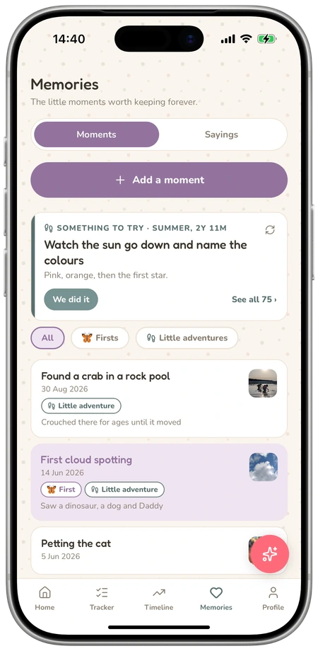 LittleStems Memories tab on Moments, with a Something to try idea above a list of moments and firsts