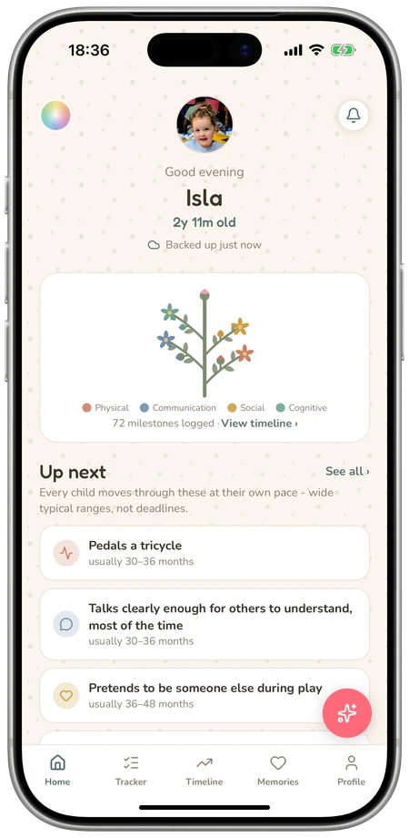 LittleStems home screen for Isla, with a flowering growth stem and upcoming milestones