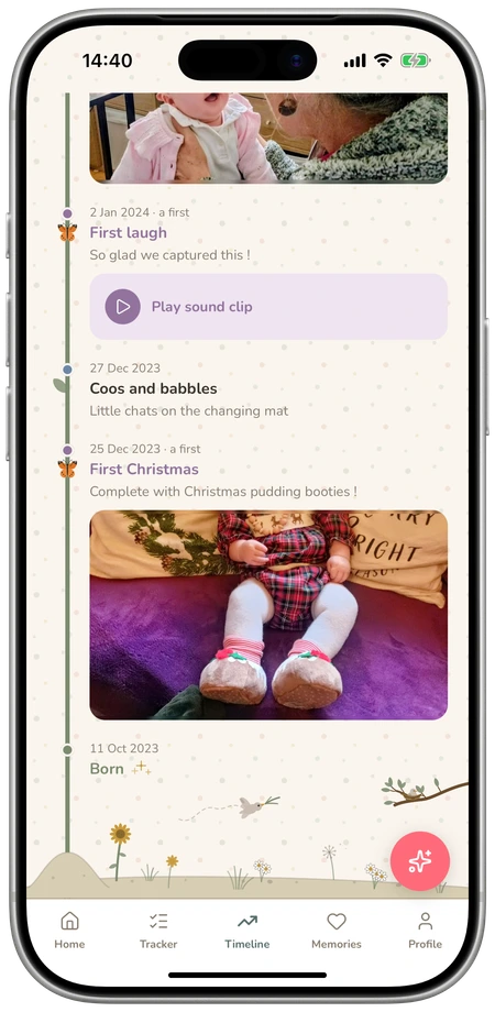 LittleStems growth timeline in the Garden theme, with photos, a sound clip and firsts