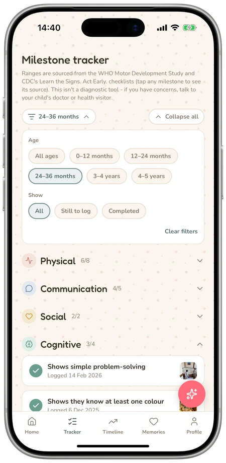 LittleStems milestone tracker filtered to 24 to 36 months, with Cognitive milestones open